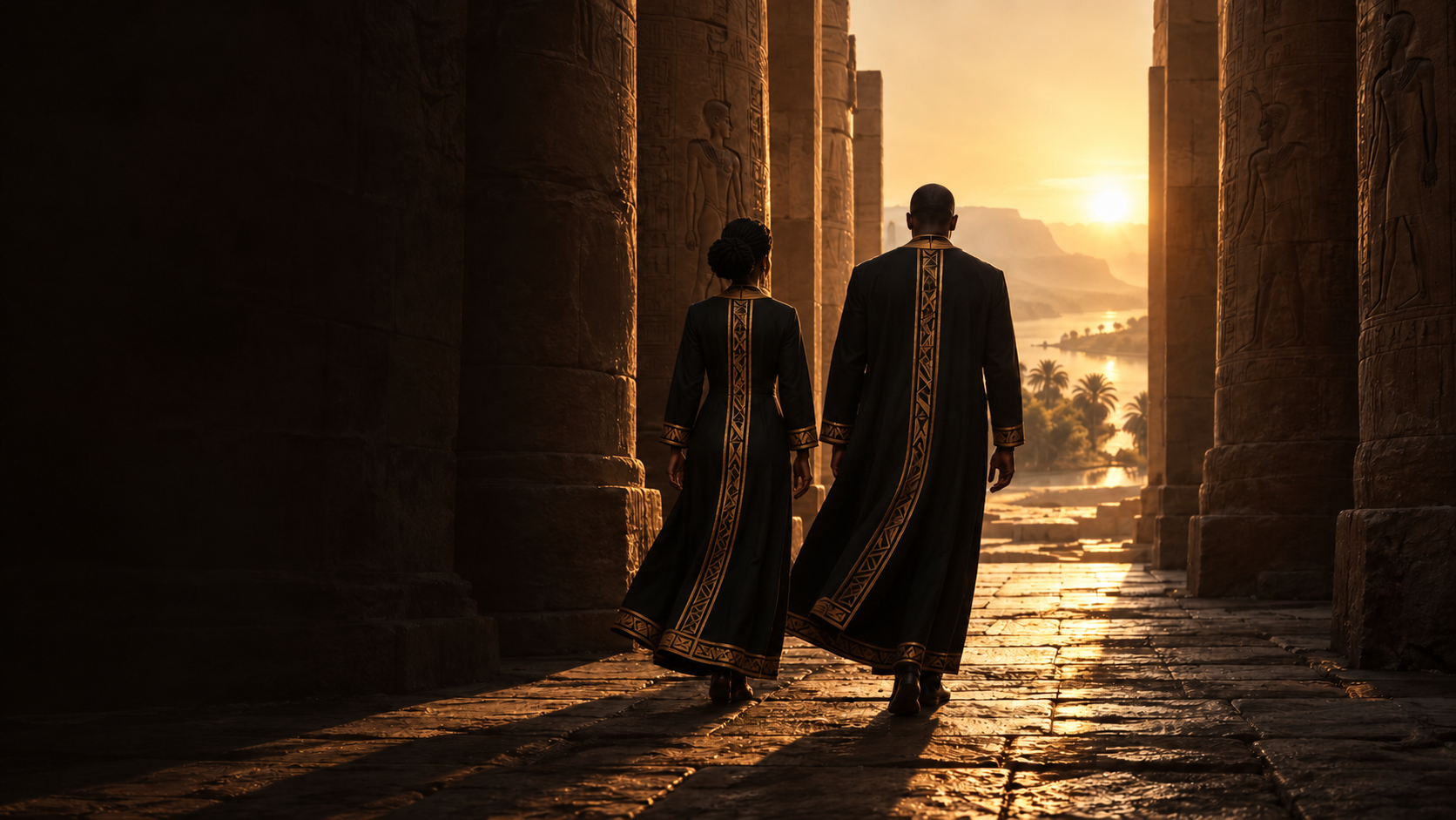 A Black man and woman in matching black and gold robes walking together through an ancient temple toward the sunrise.
